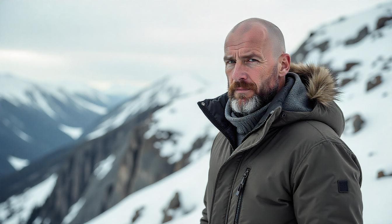 Man with a bald head and a shorter version of the Viking beard, maintaining a clean look.
